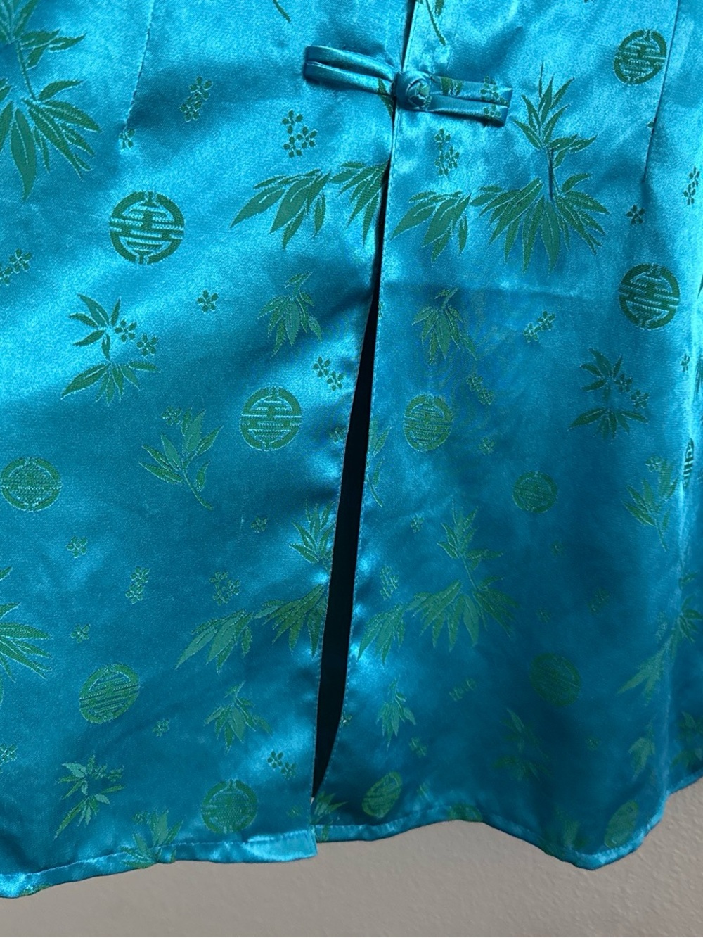 100% Silk Vietnamese Cheongsam Style Tunic Top Teal Blue Bamboo Print Size L - Picture 4 of 6